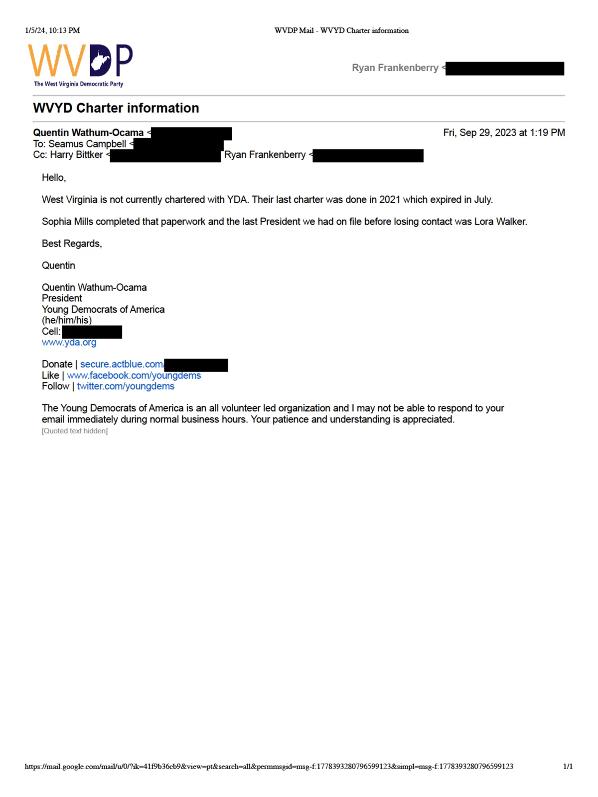 Preview of YDA President Email re: WVYD Charter Status (September 29, 2023)